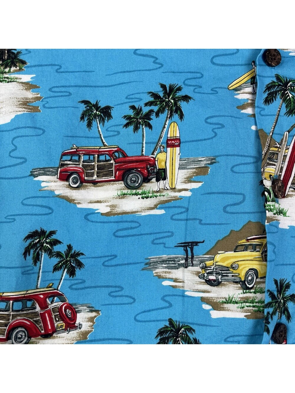 RJC Made In Hawaii Aloha Shirt Youth 18 Blue Surf Woody Wagon Beach 100% Cotton
